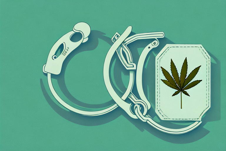 A pair of handcuffs next to a marijuana leaf