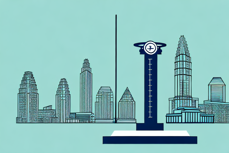 The austin city skyline with a balance scale symbolizing justice in the foreground