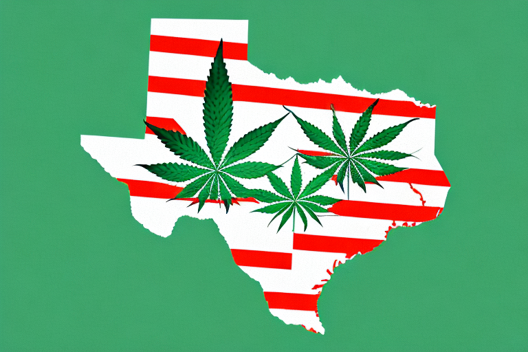 A map of texas with a symbolic marijuana leaf superimposed on it