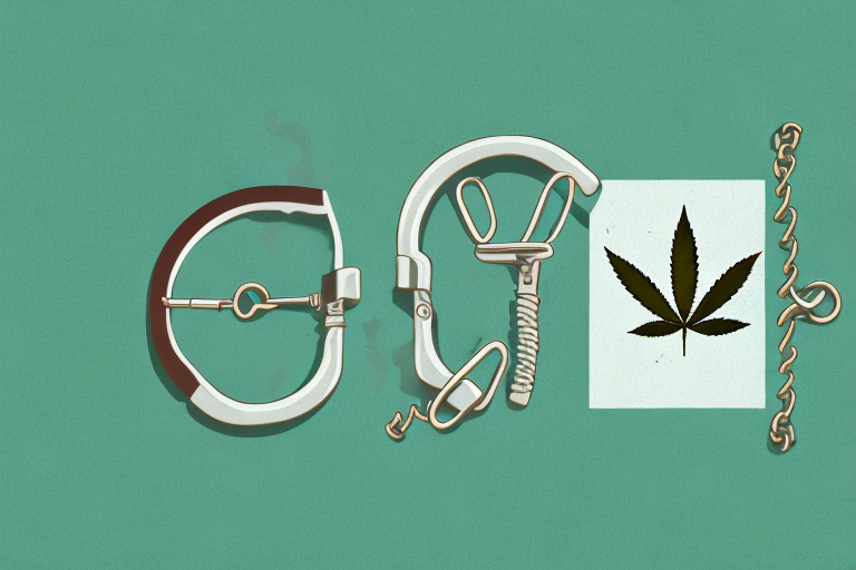 A pair of handcuffs next to a marijuana leaf with the backdrop of the texas state outline