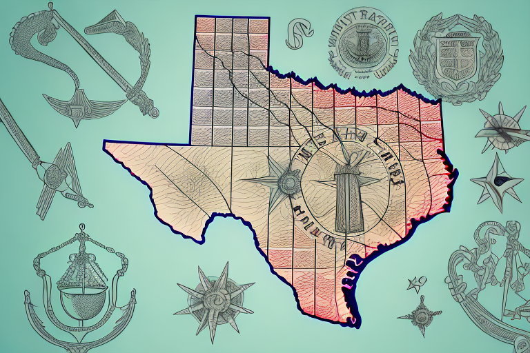 A set of scales of justice on a map of texas