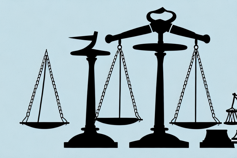 A balanced scale of justice in front of a courthouse