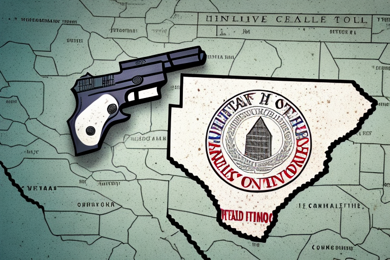 A concealed handgun partially hidden behind a texas state map