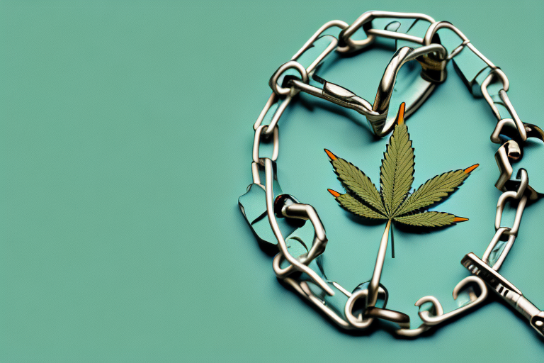 A broken chain linked to a marijuana leaf on one end and a pair of handcuffs on the other