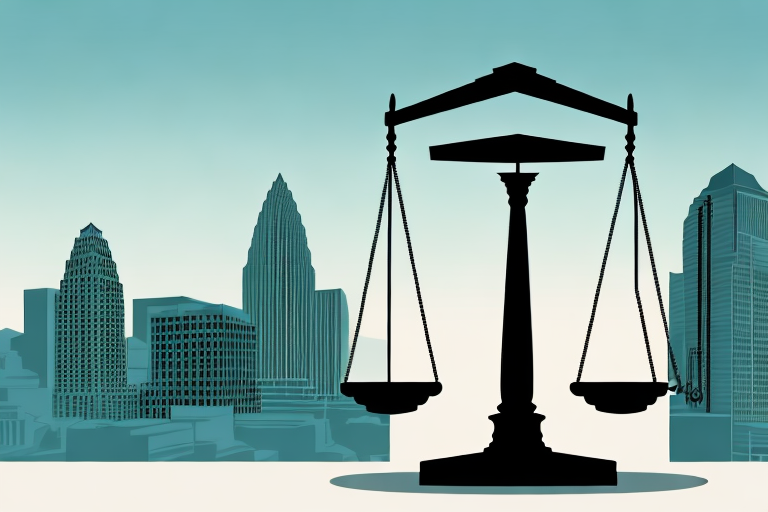 The austin city skyline with a balance scale symbolizing justice in the foreground