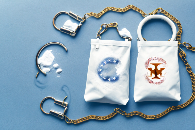 A pair of handcuffs next to a small bag of white powder