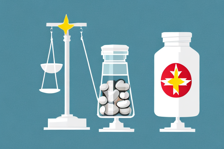 A set of scales balancing a pill bottle and the texas state outline