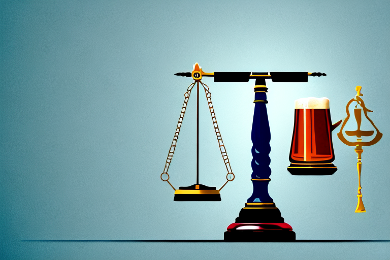 A balanced scale with a beer bottle on one side and a gavel on the other