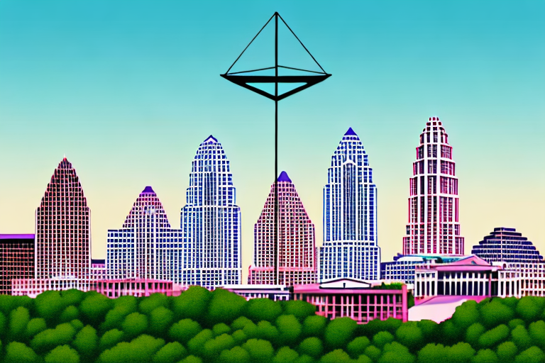 The austin city skyline with a balanced scale in the foreground