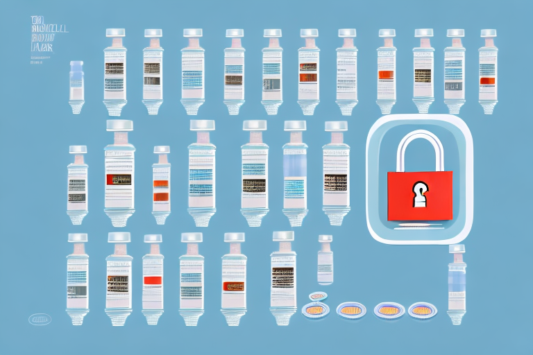 A padlocked medicine cabinet with various pill bottles and packets inside