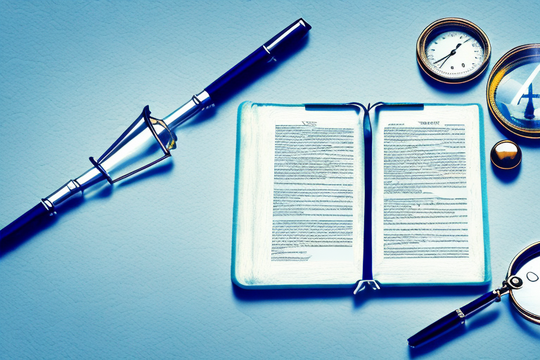 A balanced scale with a law book and a magnifying glass