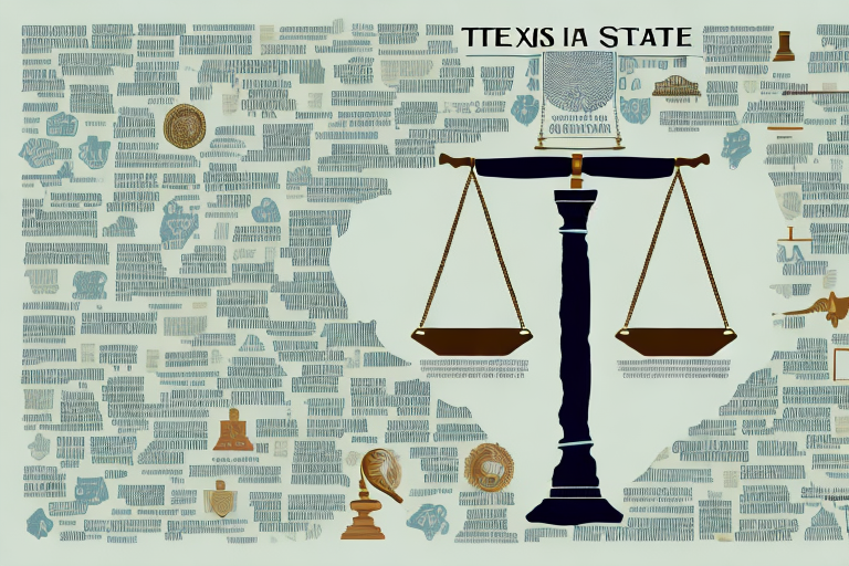 A texas state map with a gavel and scales of justice