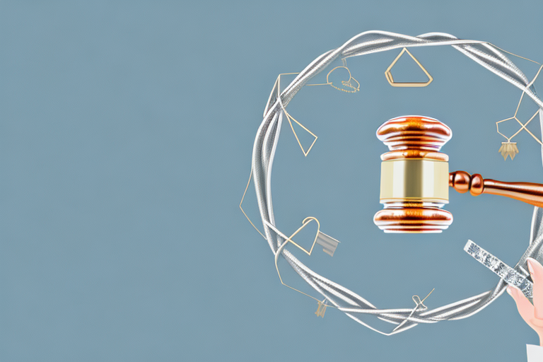 Two wedding rings entangled with a gavel