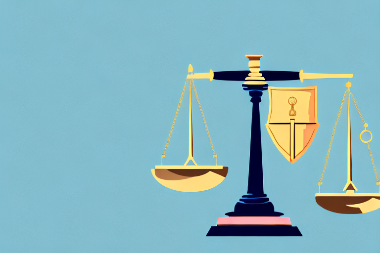 A balanced scale with a gavel on one side and a symbolic shield on the other